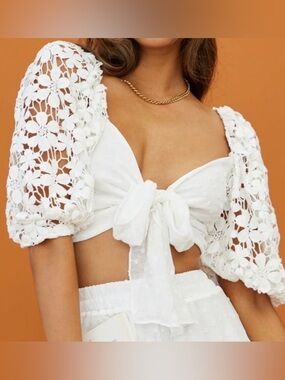 Selfie Leslie White Lace Tie-Front Blouse